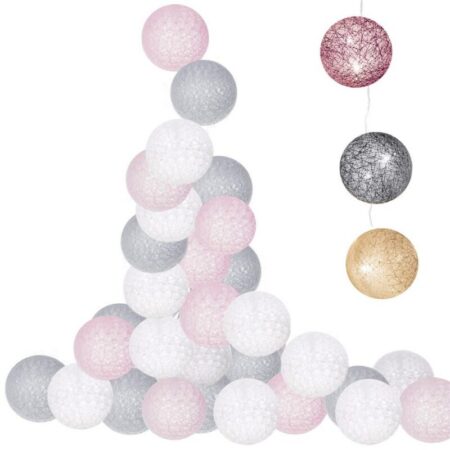 30LED joulupallot Cotton Balls 6,1M vaaleanpunainen, harmaa, valkoinen, kuva 3