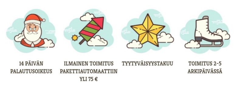 14 päivän palautusoikeus, ilmainen toimitus pakettiautomaattiin yli 75 €, tyytyväisyystakuu, toimitus 2–5 arkipäivässä